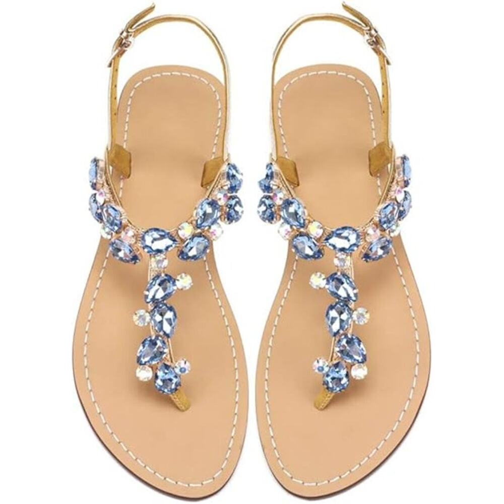Aijivou Womens Size 8.5 Blue Rhinestone Sandals Flip Flop Open Round Toe Shoes